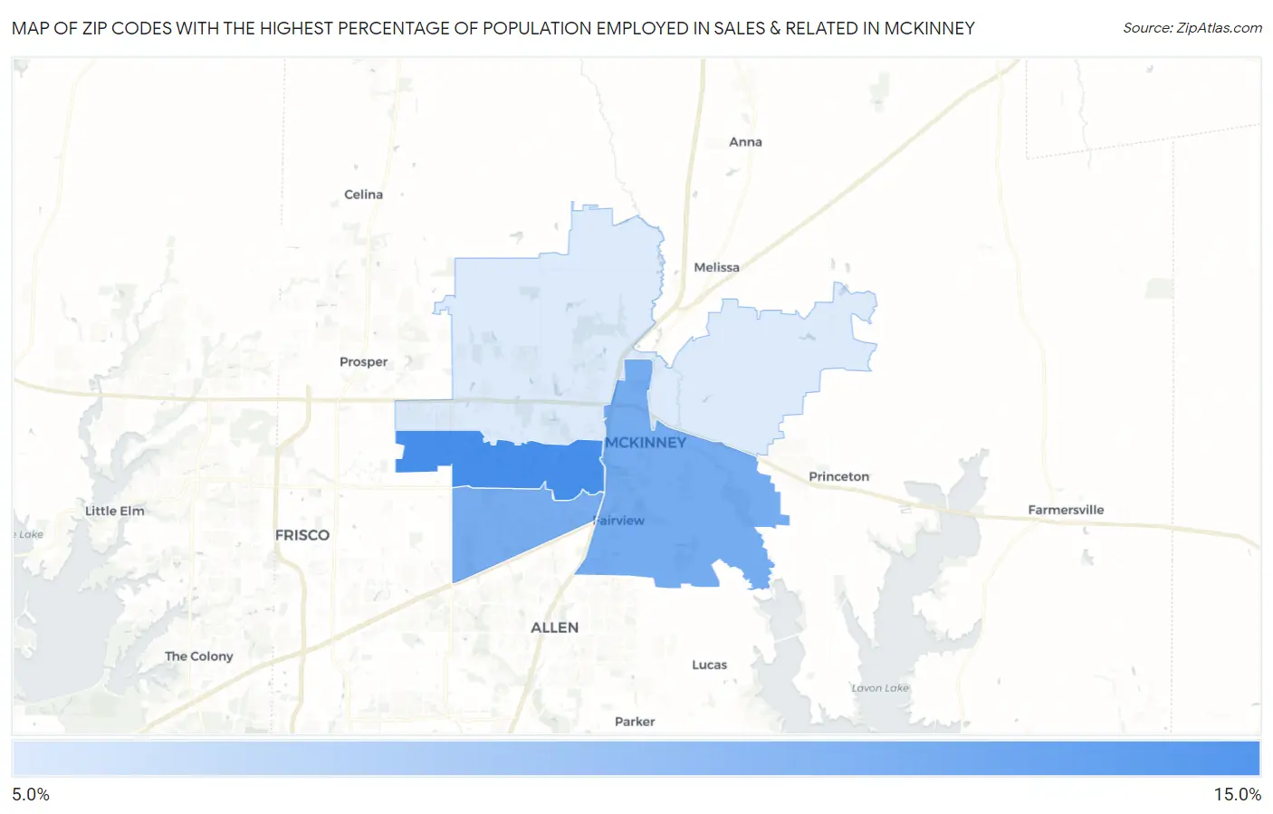 Zip Codes with the Highest Percentage of Population Employed in Sales & Related in Mckinney Map