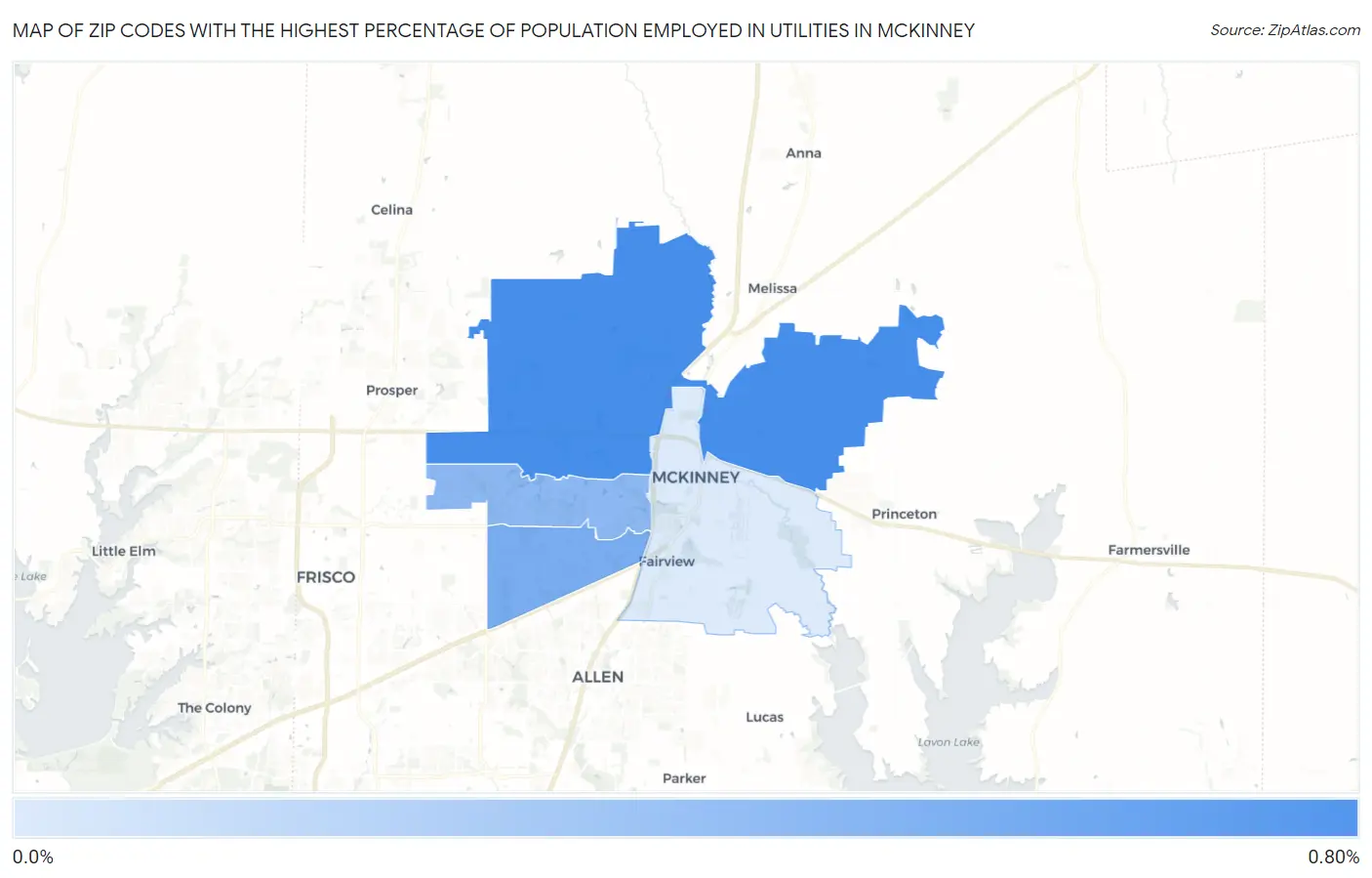 Zip Codes with the Highest Percentage of Population Employed in Utilities in Mckinney Map