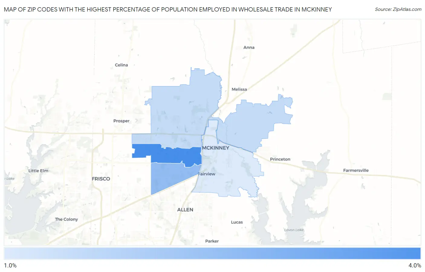 Zip Codes with the Highest Percentage of Population Employed in Wholesale Trade in Mckinney Map