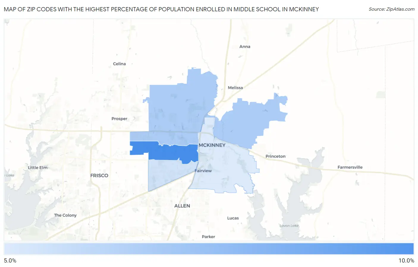 Zip Codes with the Highest Percentage of Population Enrolled in Middle School in Mckinney Map