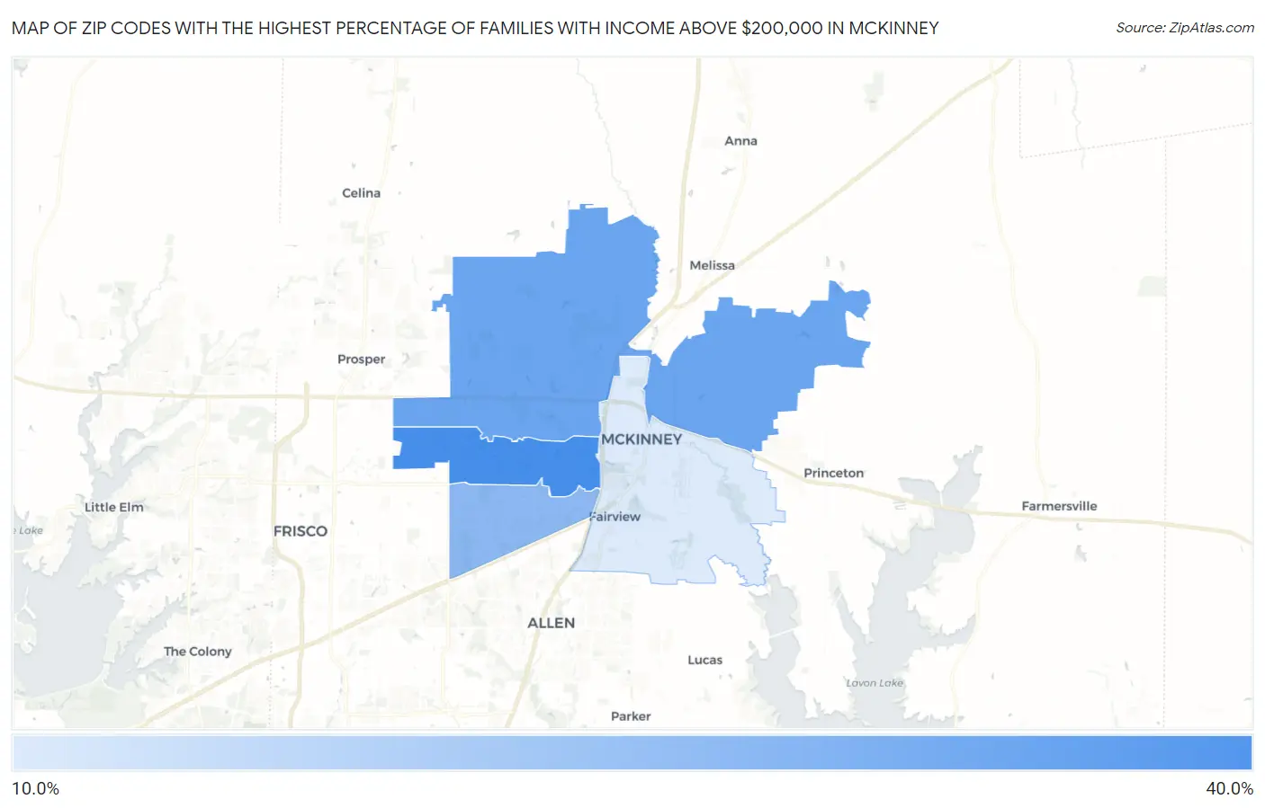 Zip Codes with the Highest Percentage of Families with Income Above $200,000 in Mckinney Map