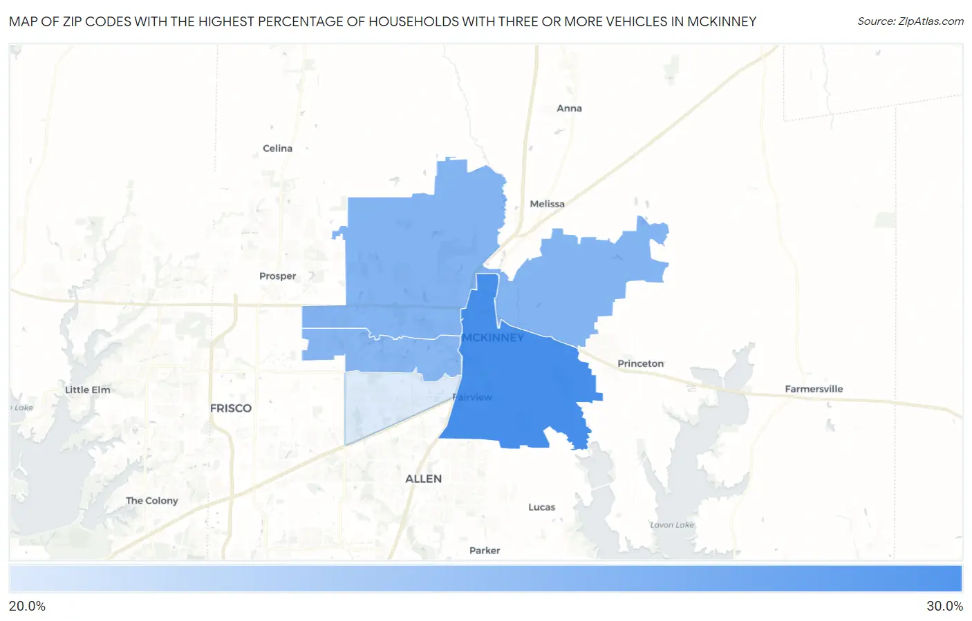 Zip Codes with the Highest Percentage of Households With Three or more Vehicles in Mckinney Map