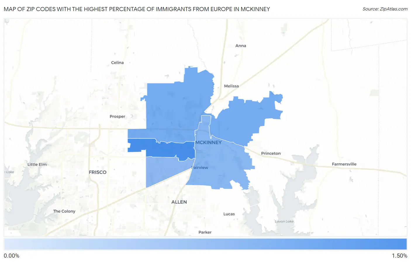 Zip Codes with the Highest Percentage of Immigrants from Europe in Mckinney Map