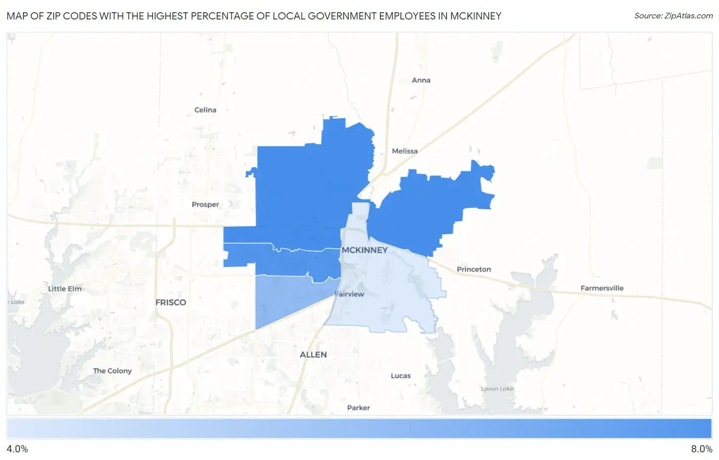 Zip Codes with the Highest Percentage of Local Government Employees in Mckinney Map