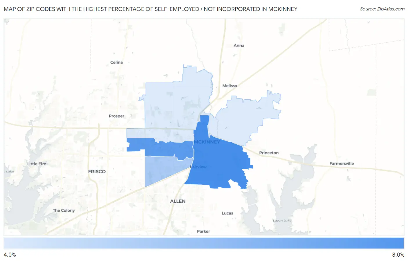 Zip Codes with the Highest Percentage of Self-Employed / Not Incorporated in Mckinney Map