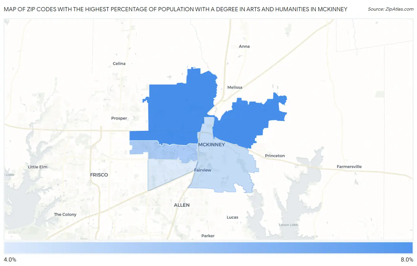 Zip Codes with the Highest Percentage of Population with a Degree in Arts and Humanities in Mckinney Map