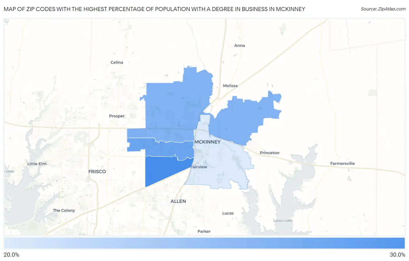 Zip Codes with the Highest Percentage of Population with a Degree in Business in Mckinney Map
