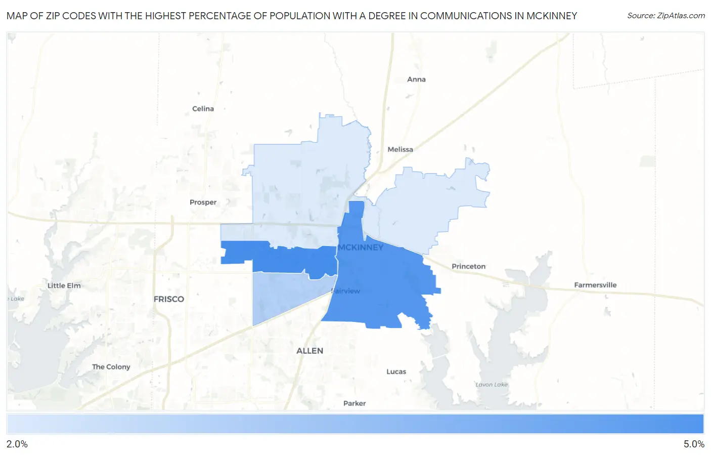 Zip Codes with the Highest Percentage of Population with a Degree in Communications in Mckinney Map
