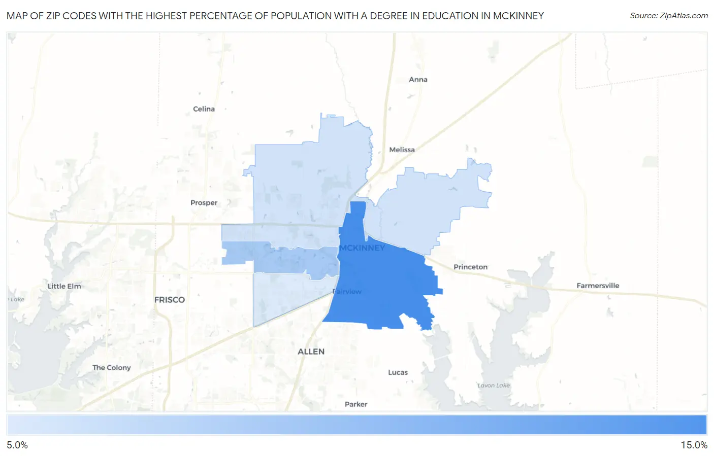 Zip Codes with the Highest Percentage of Population with a Degree in Education in Mckinney Map