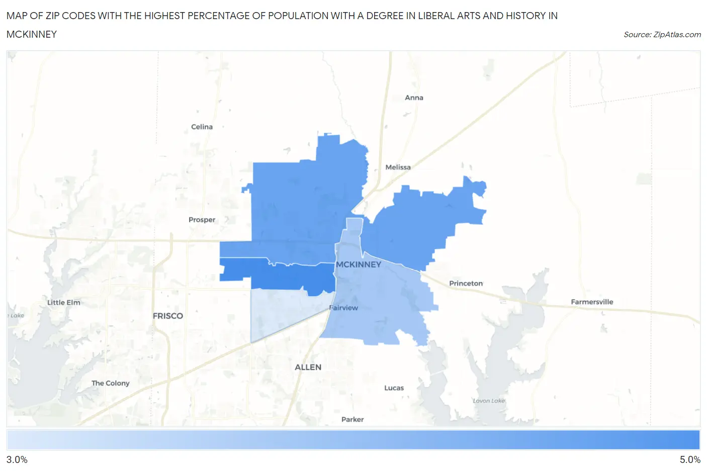 Zip Codes with the Highest Percentage of Population with a Degree in Liberal Arts and History in Mckinney Map
