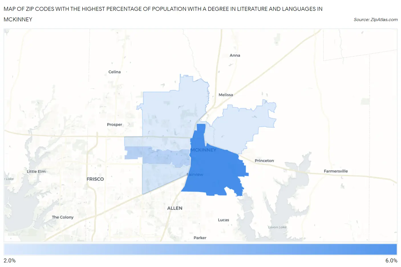 Zip Codes with the Highest Percentage of Population with a Degree in Literature and Languages in Mckinney Map
