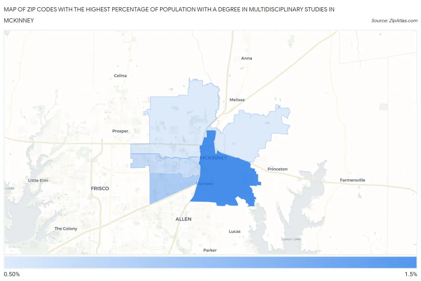 Zip Codes with the Highest Percentage of Population with a Degree in Multidisciplinary Studies in Mckinney Map