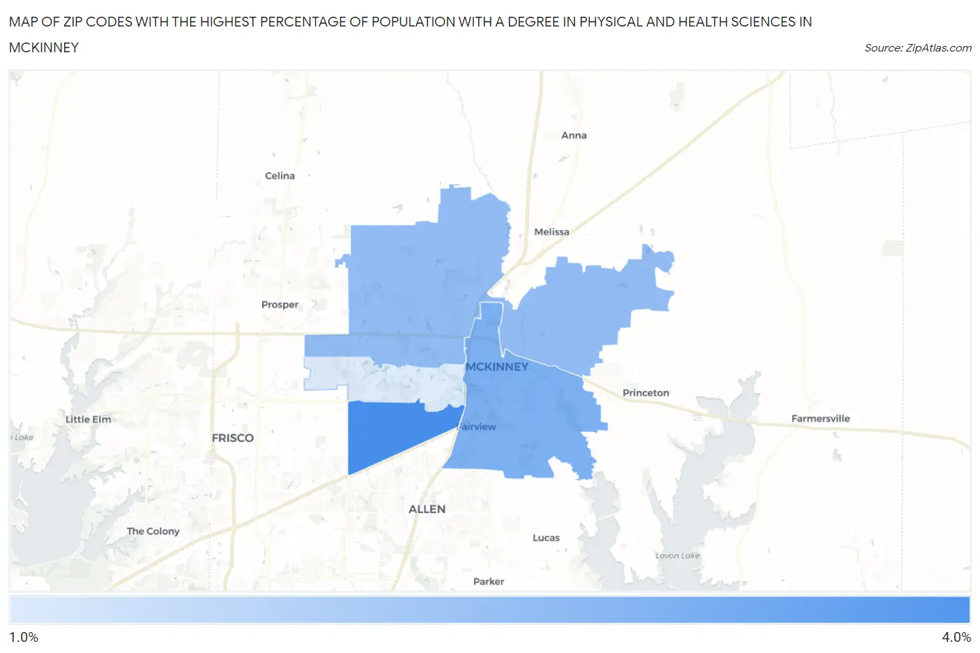 Zip Codes with the Highest Percentage of Population with a Degree in Physical and Health Sciences in Mckinney Map