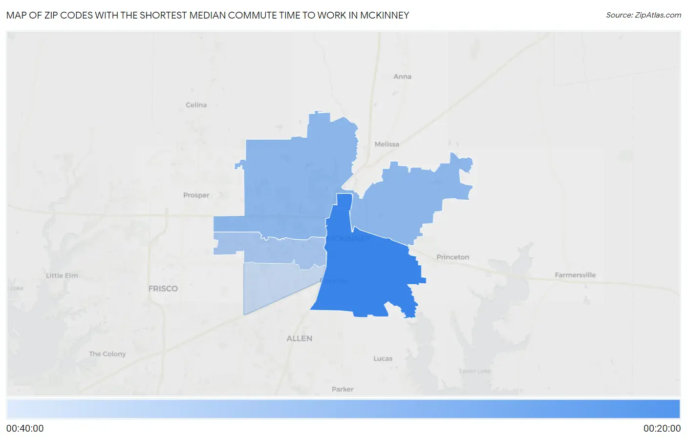 Zip Codes with the Shortest Median Commute Time to Work in Mckinney Map