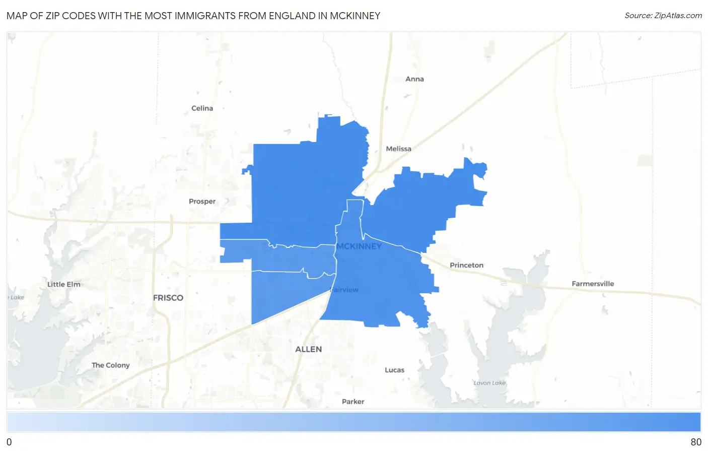 Zip Codes with the Most Immigrants from England in Mckinney Map
