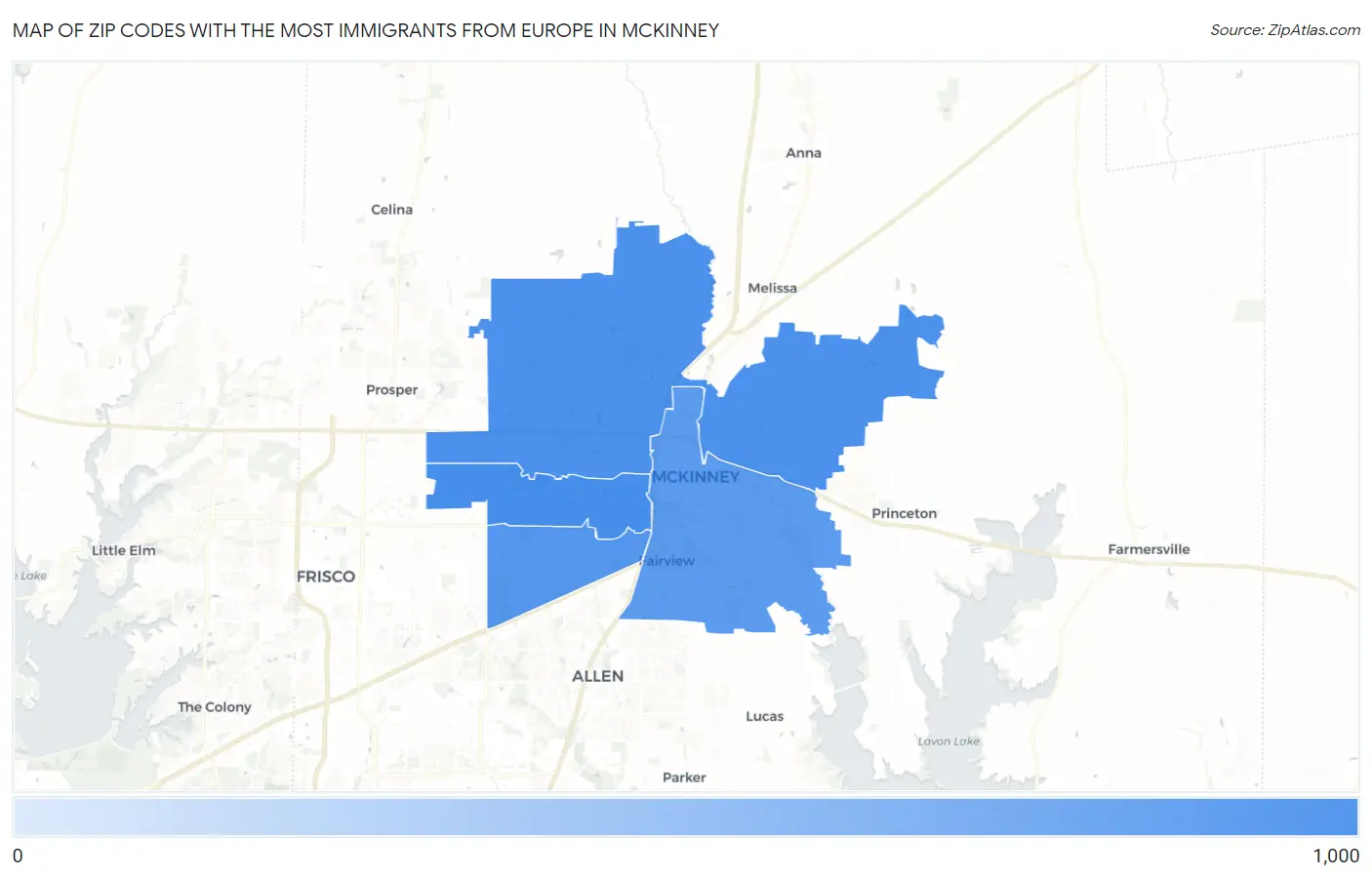 Zip Codes with the Most Immigrants from Europe in Mckinney Map
