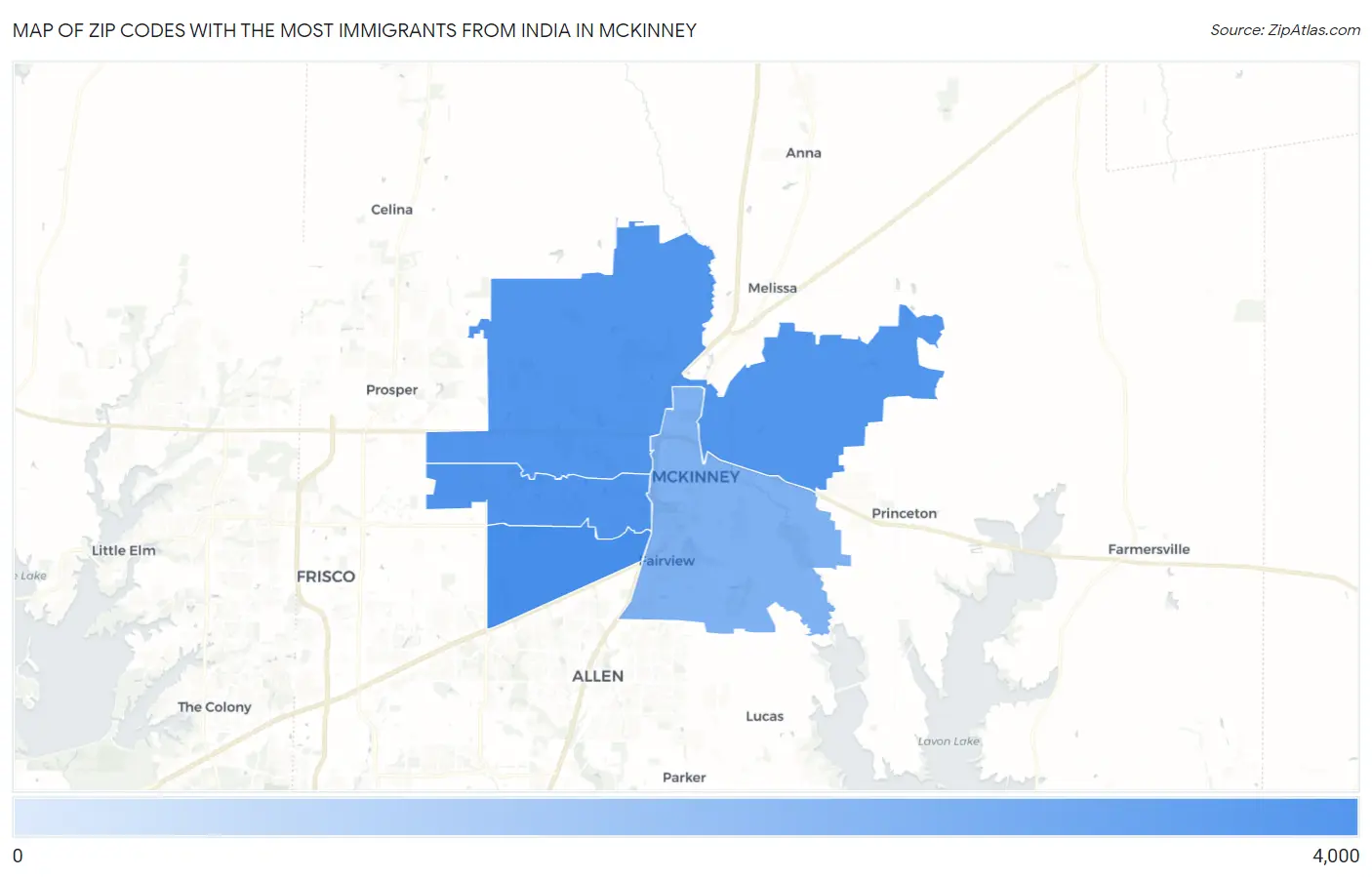 Zip Codes with the Most Immigrants from India in Mckinney Map