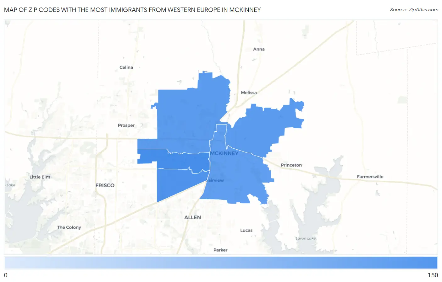 Zip Codes with the Most Immigrants from Western Europe in Mckinney Map
