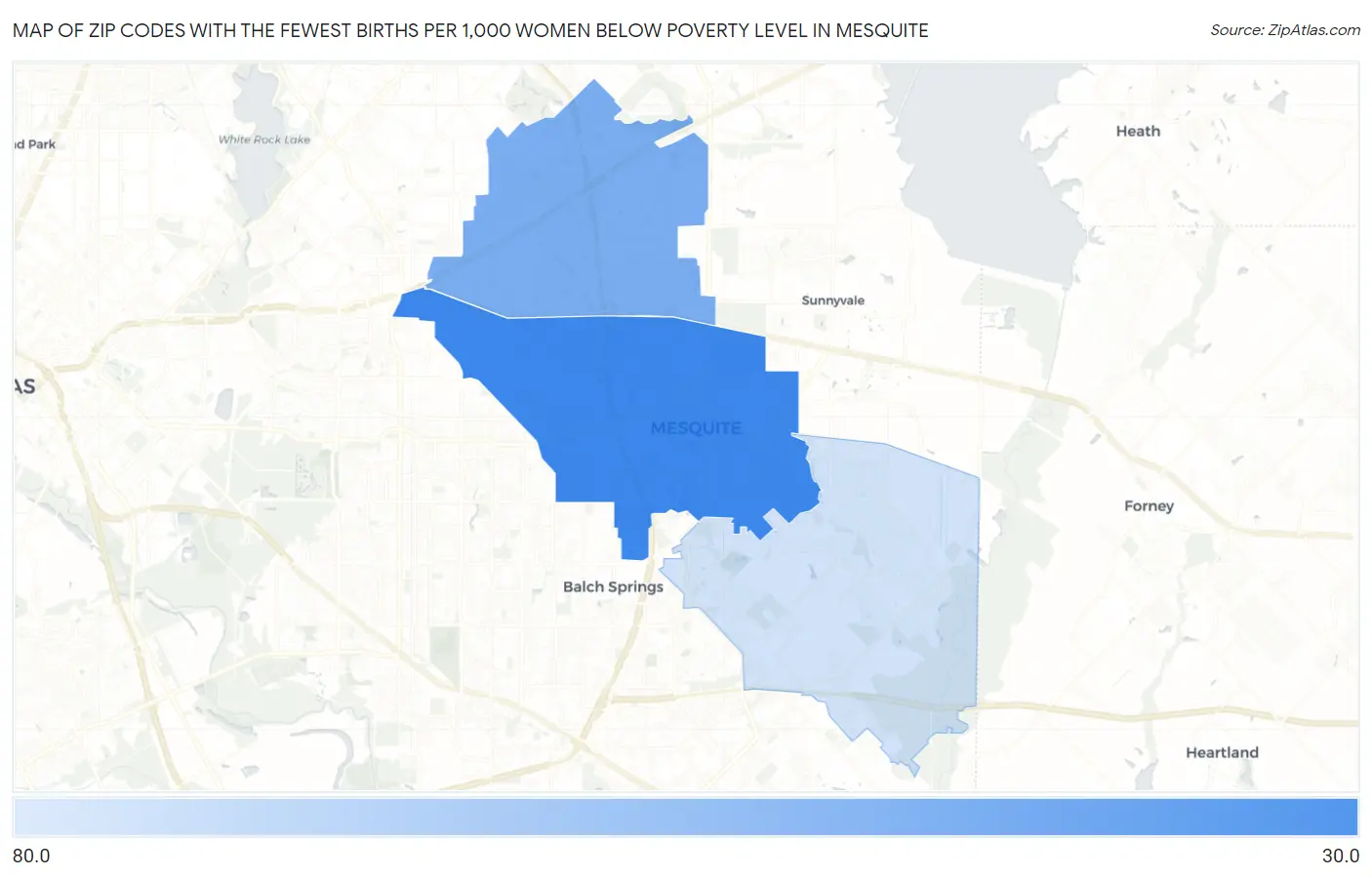 Zip Codes with the Fewest Births per 1,000 Women Below Poverty Level in Mesquite Map