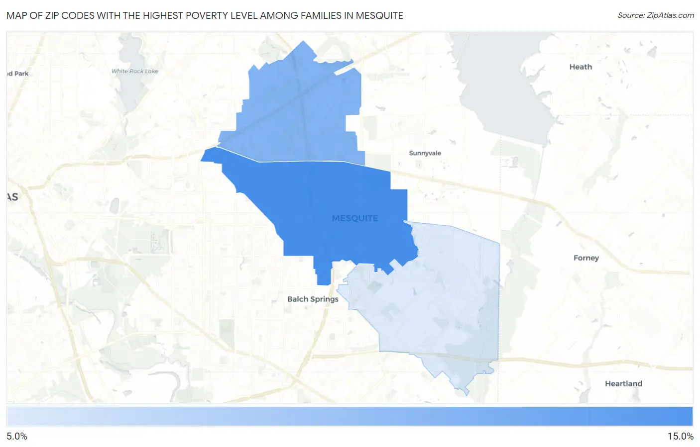 Zip Codes with the Highest Poverty Level Among Families in Mesquite Map