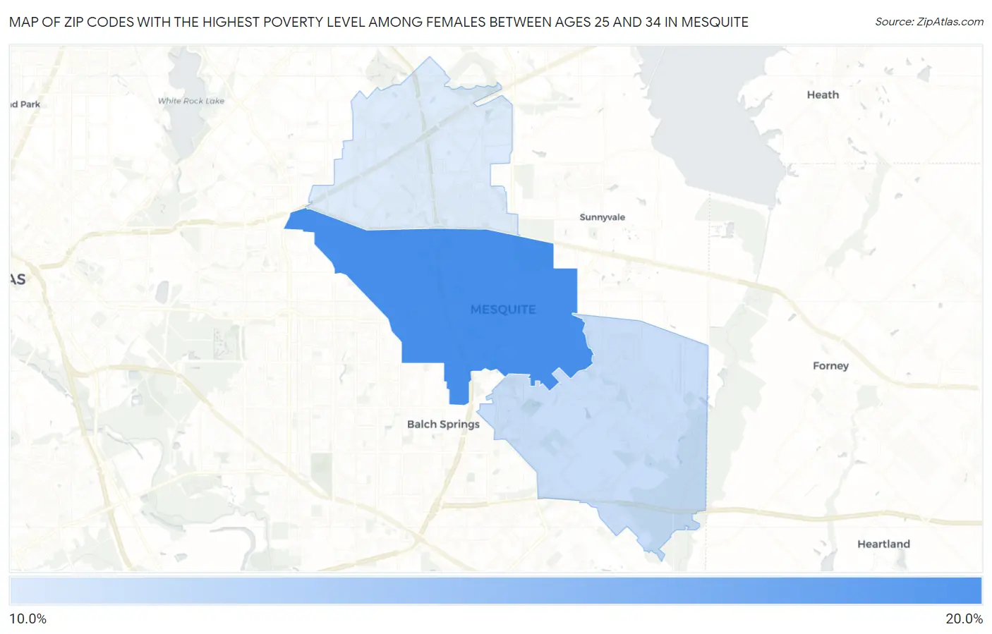 Zip Codes with the Highest Poverty Level Among Females Between Ages 25 and 34 in Mesquite Map