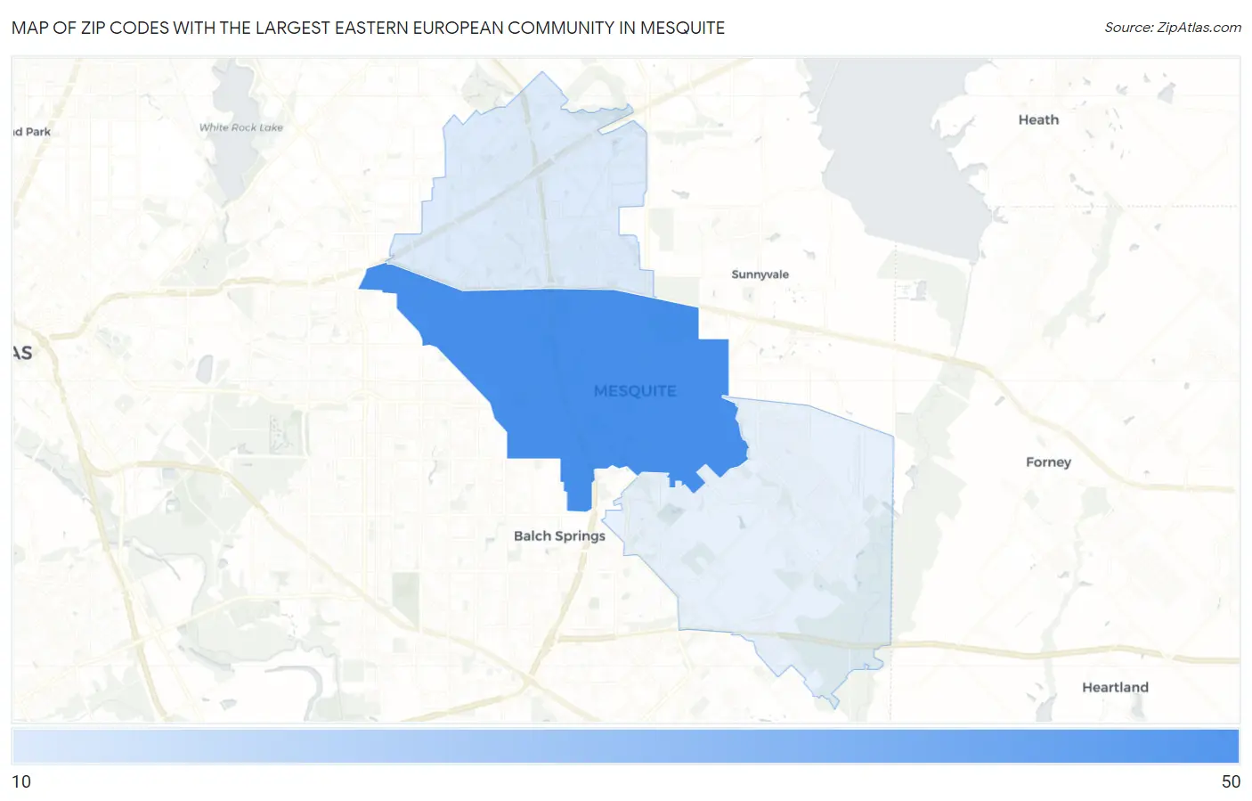 Zip Codes with the Largest Eastern European Community in Mesquite Map