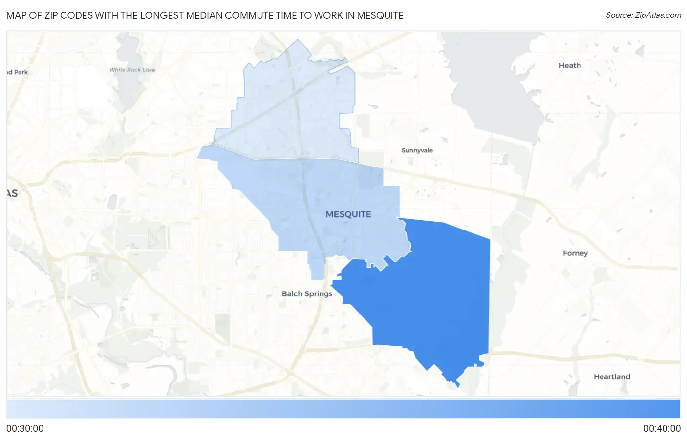 Zip Codes with the Longest Median Commute Time to Work in Mesquite Map