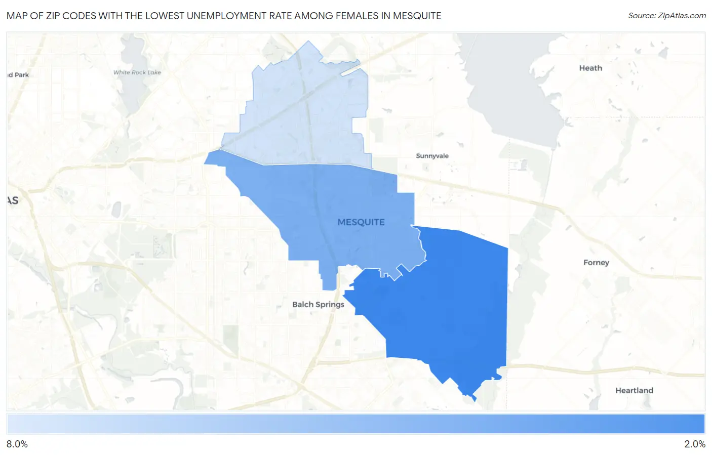 Zip Codes with the Lowest Unemployment Rate Among Females in Mesquite Map