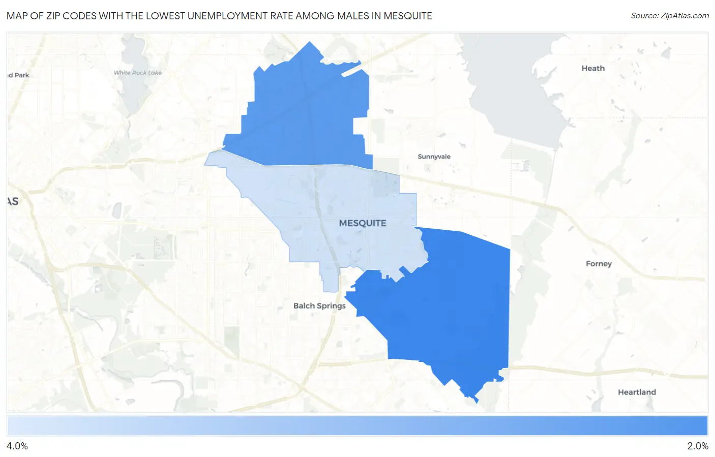 Zip Codes with the Lowest Unemployment Rate Among Males in Mesquite Map