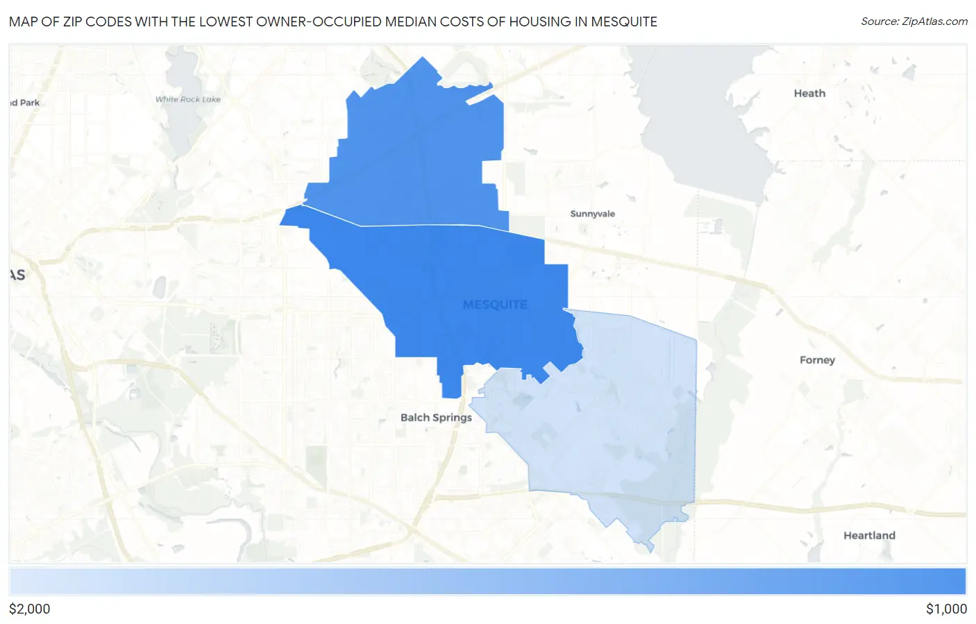 Zip Codes with the Lowest Owner-Occupied Median Costs of Housing in Mesquite Map