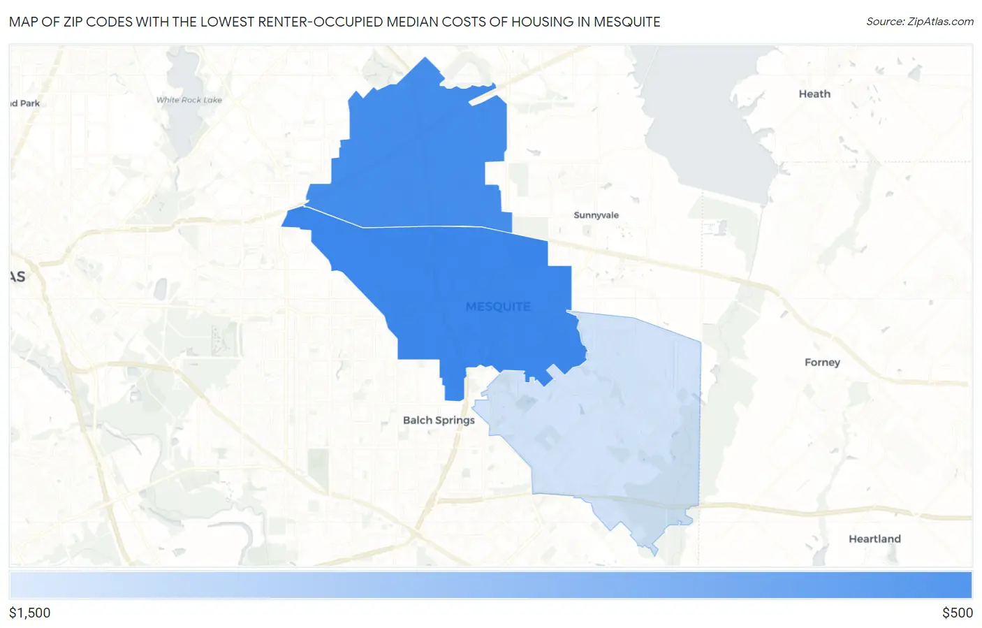 Zip Codes with the Lowest Renter-Occupied Median Costs of Housing in Mesquite Map