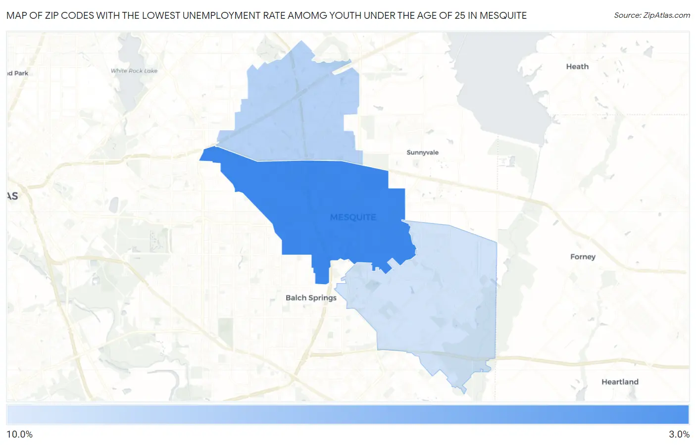 Zip Codes with the Lowest Unemployment Rate Amomg Youth Under the Age of 25 in Mesquite Map
