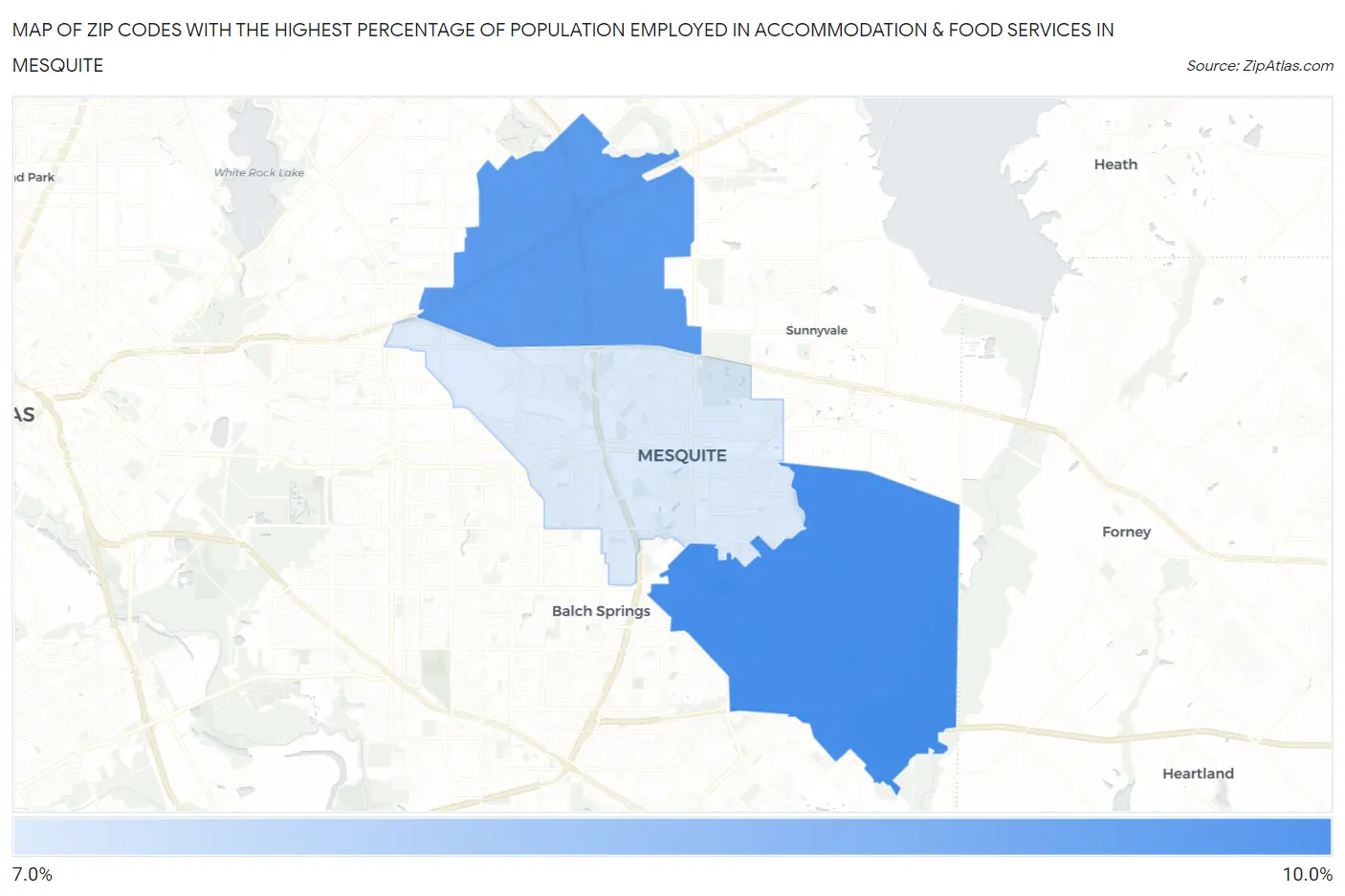 Zip Codes with the Highest Percentage of Population Employed in Accommodation & Food Services in Mesquite Map