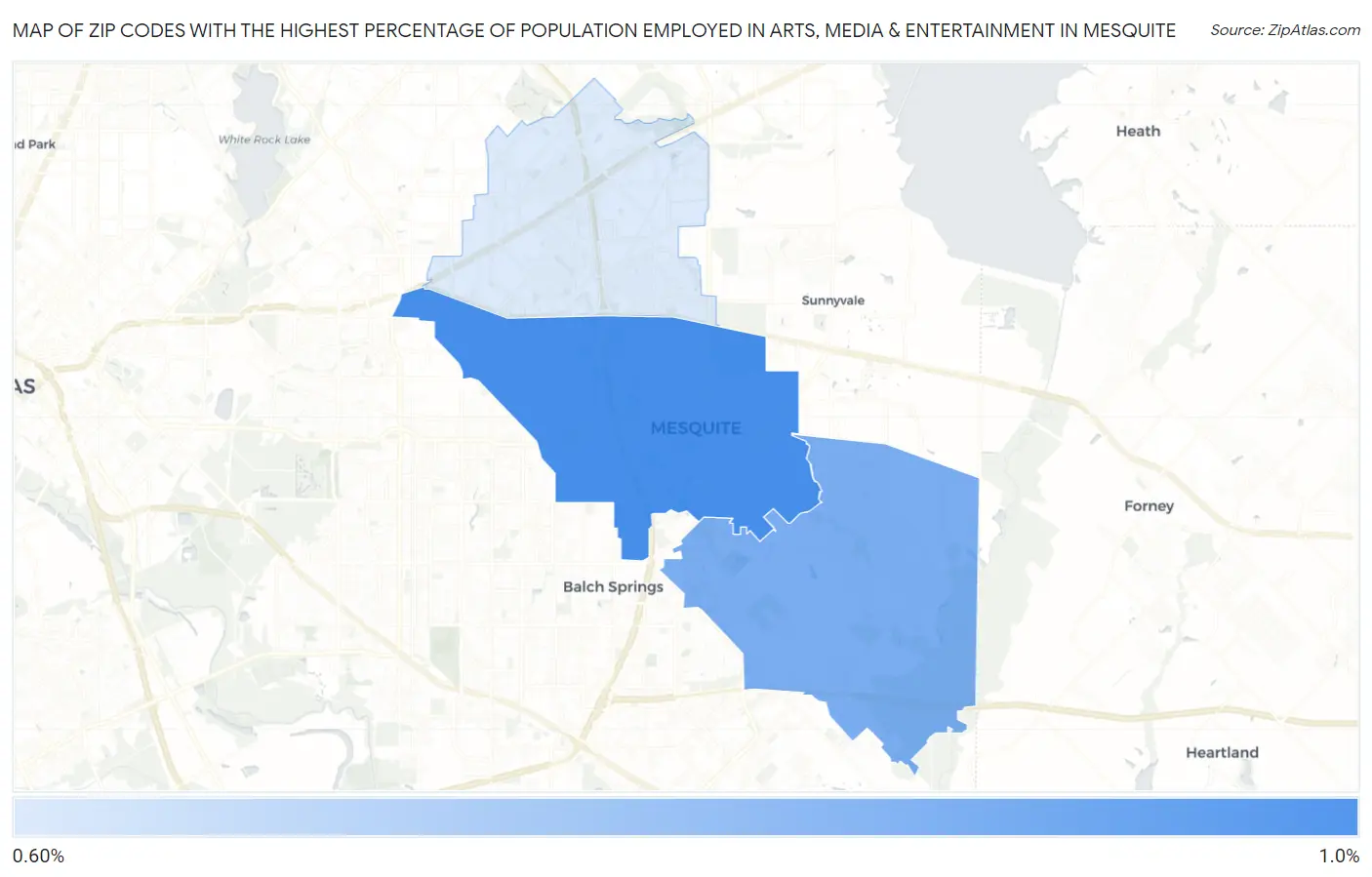 Zip Codes with the Highest Percentage of Population Employed in Arts, Media & Entertainment in Mesquite Map