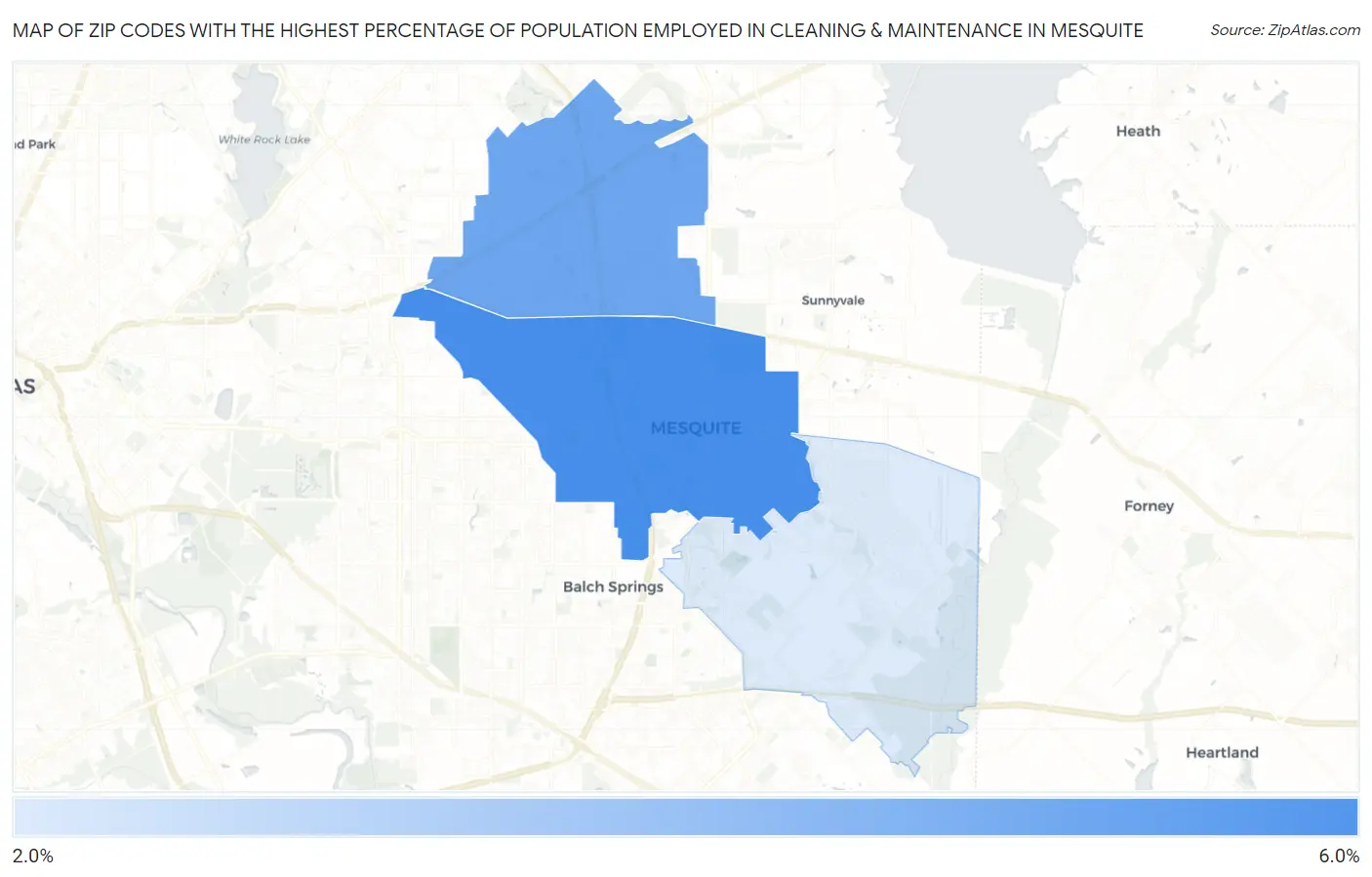 Zip Codes with the Highest Percentage of Population Employed in Cleaning & Maintenance in Mesquite Map
