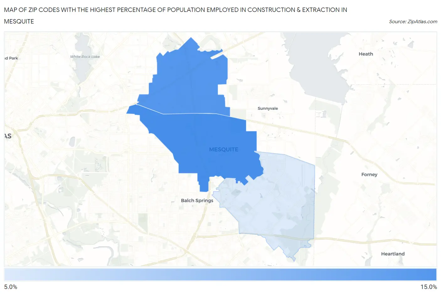 Zip Codes with the Highest Percentage of Population Employed in Construction & Extraction in Mesquite Map