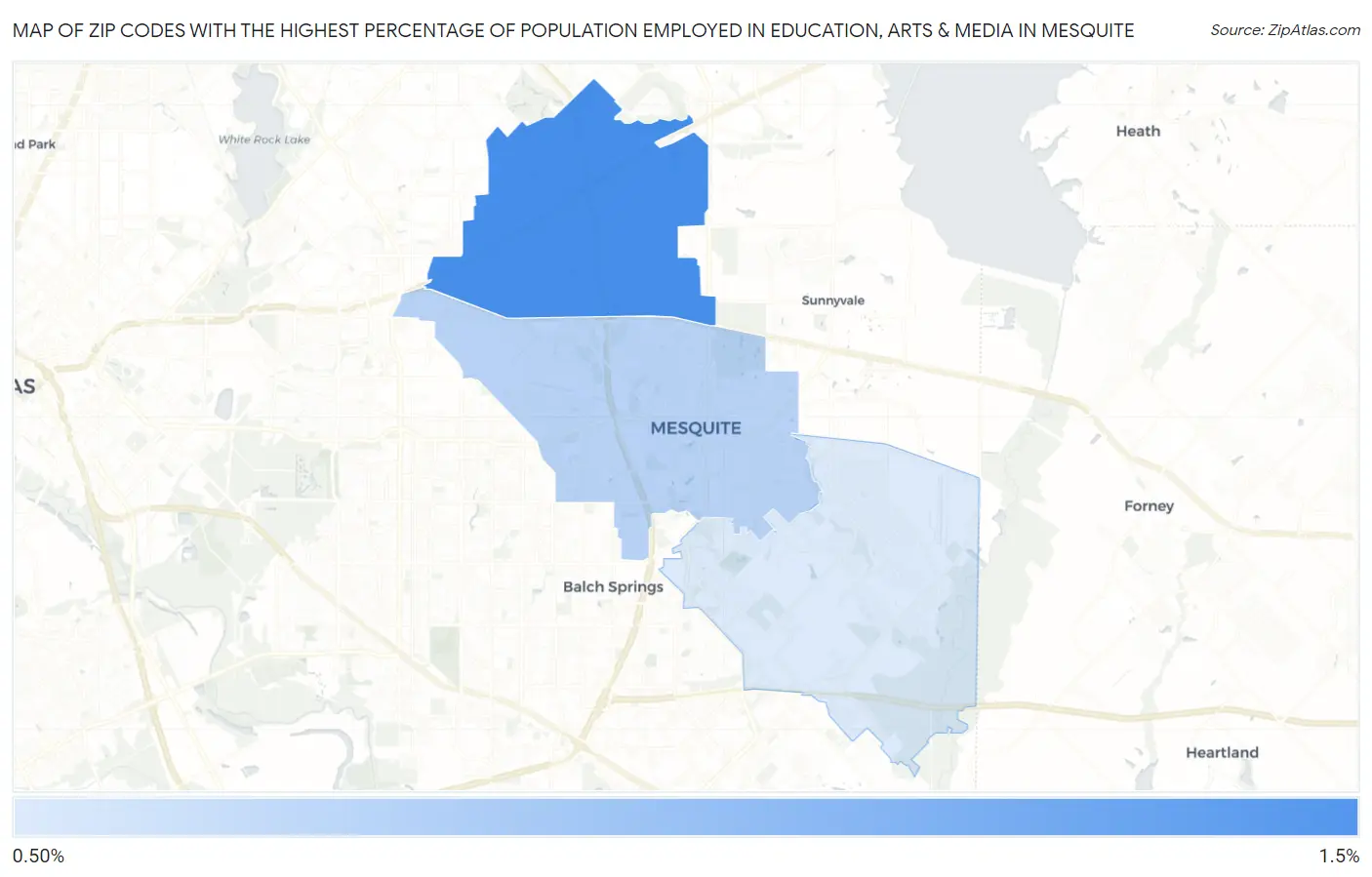Zip Codes with the Highest Percentage of Population Employed in Education, Arts & Media in Mesquite Map