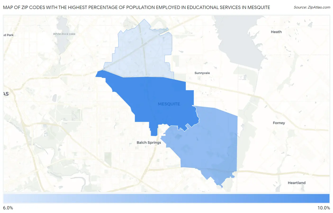 Zip Codes with the Highest Percentage of Population Employed in Educational Services in Mesquite Map