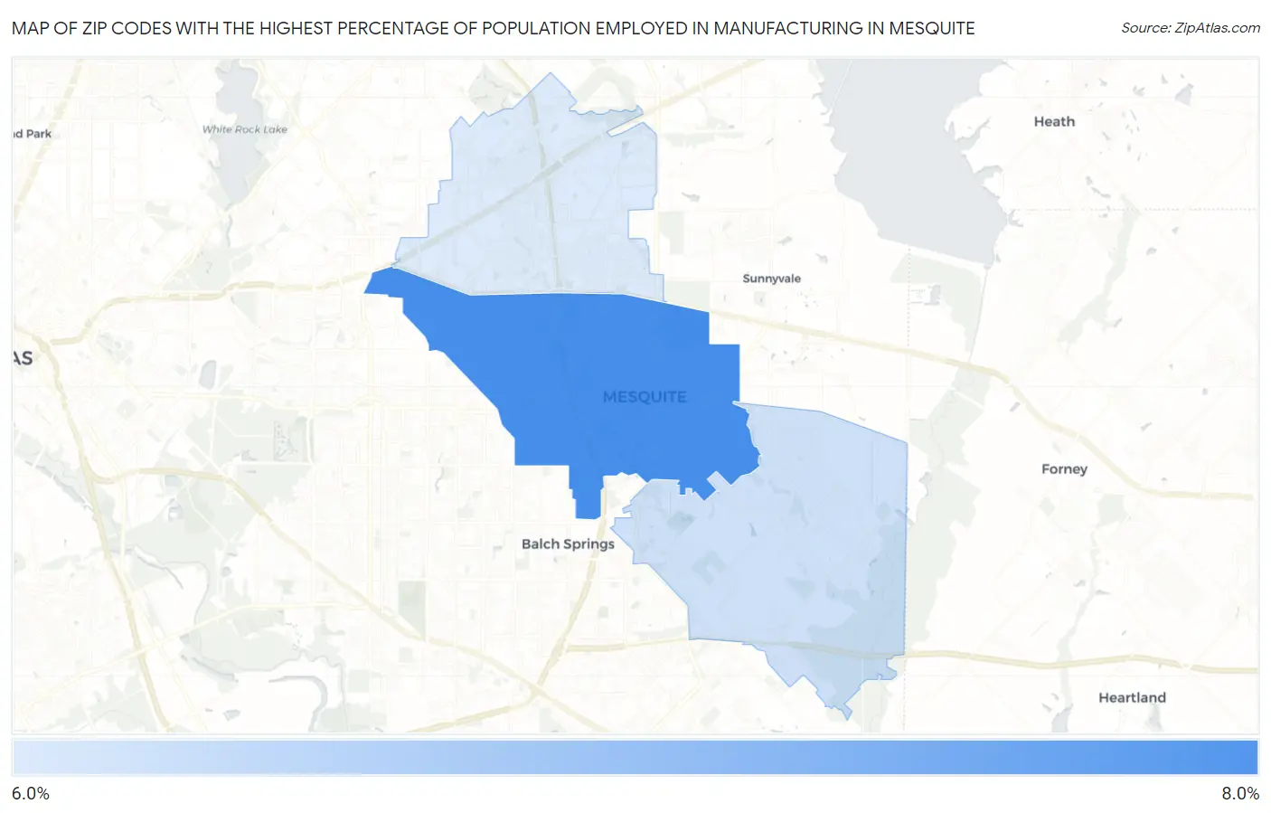 Zip Codes with the Highest Percentage of Population Employed in Manufacturing in Mesquite Map