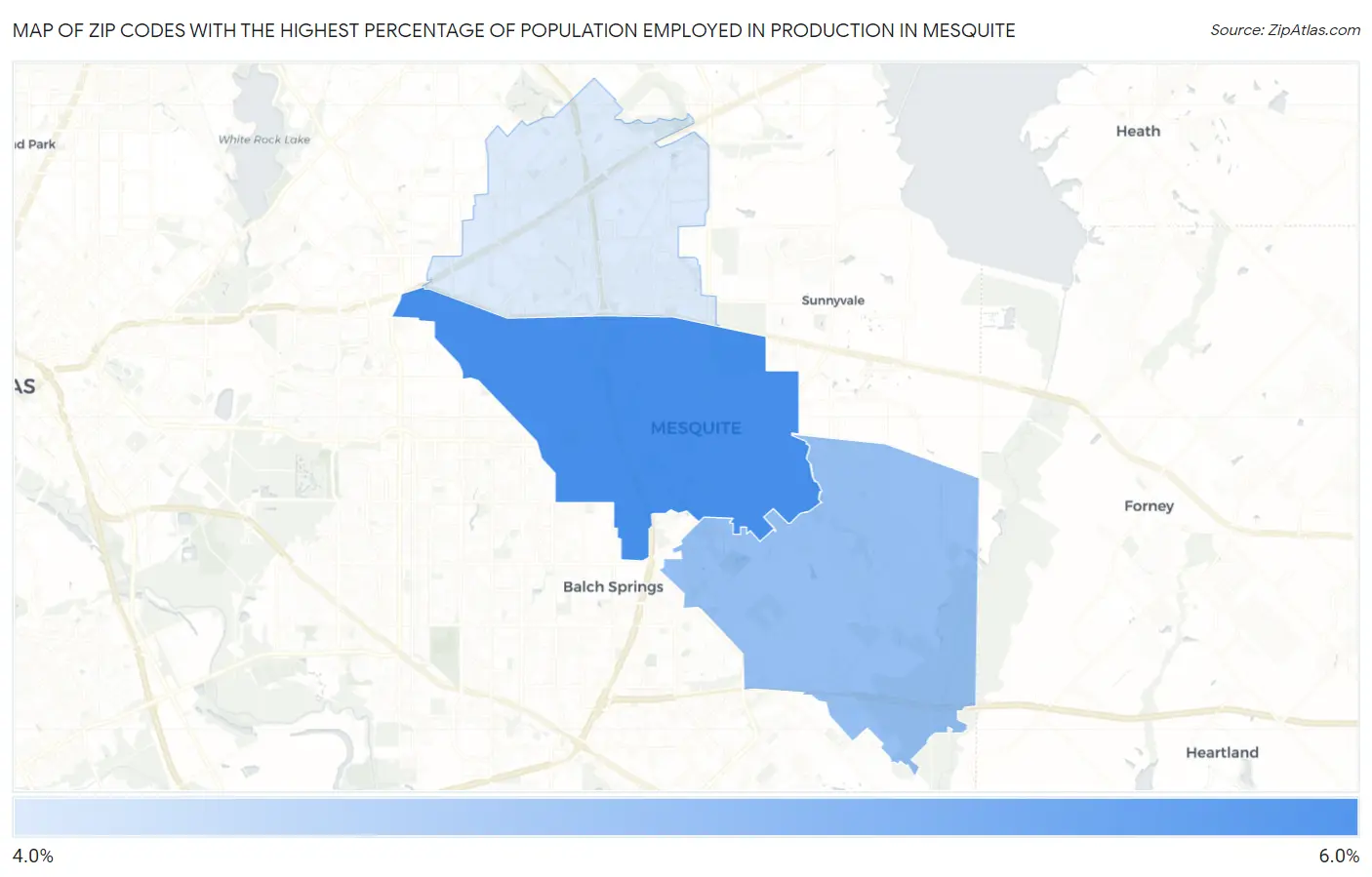 Zip Codes with the Highest Percentage of Population Employed in Production in Mesquite Map