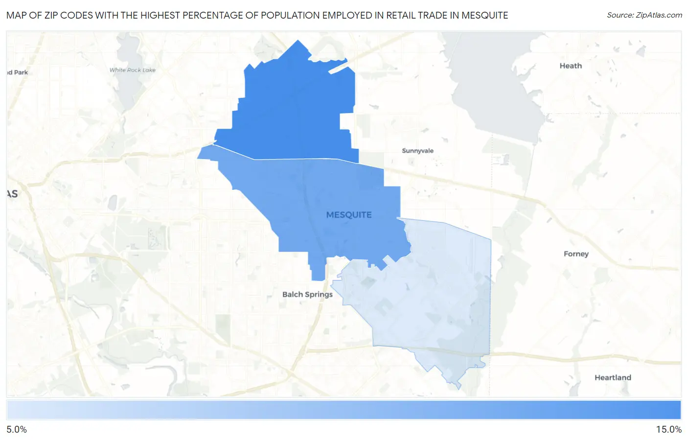 Zip Codes with the Highest Percentage of Population Employed in Retail Trade in Mesquite Map