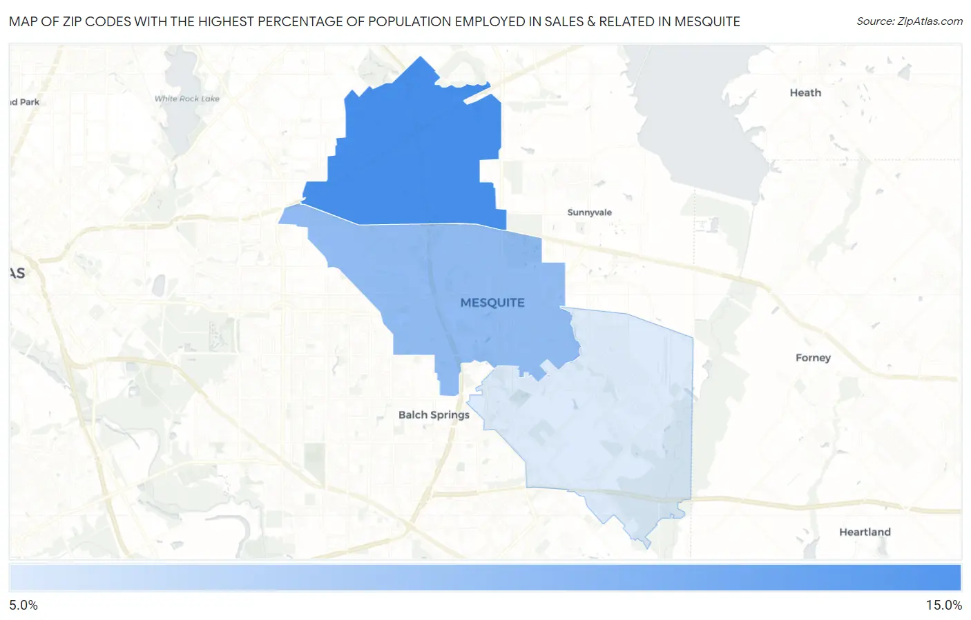 Zip Codes with the Highest Percentage of Population Employed in Sales & Related in Mesquite Map