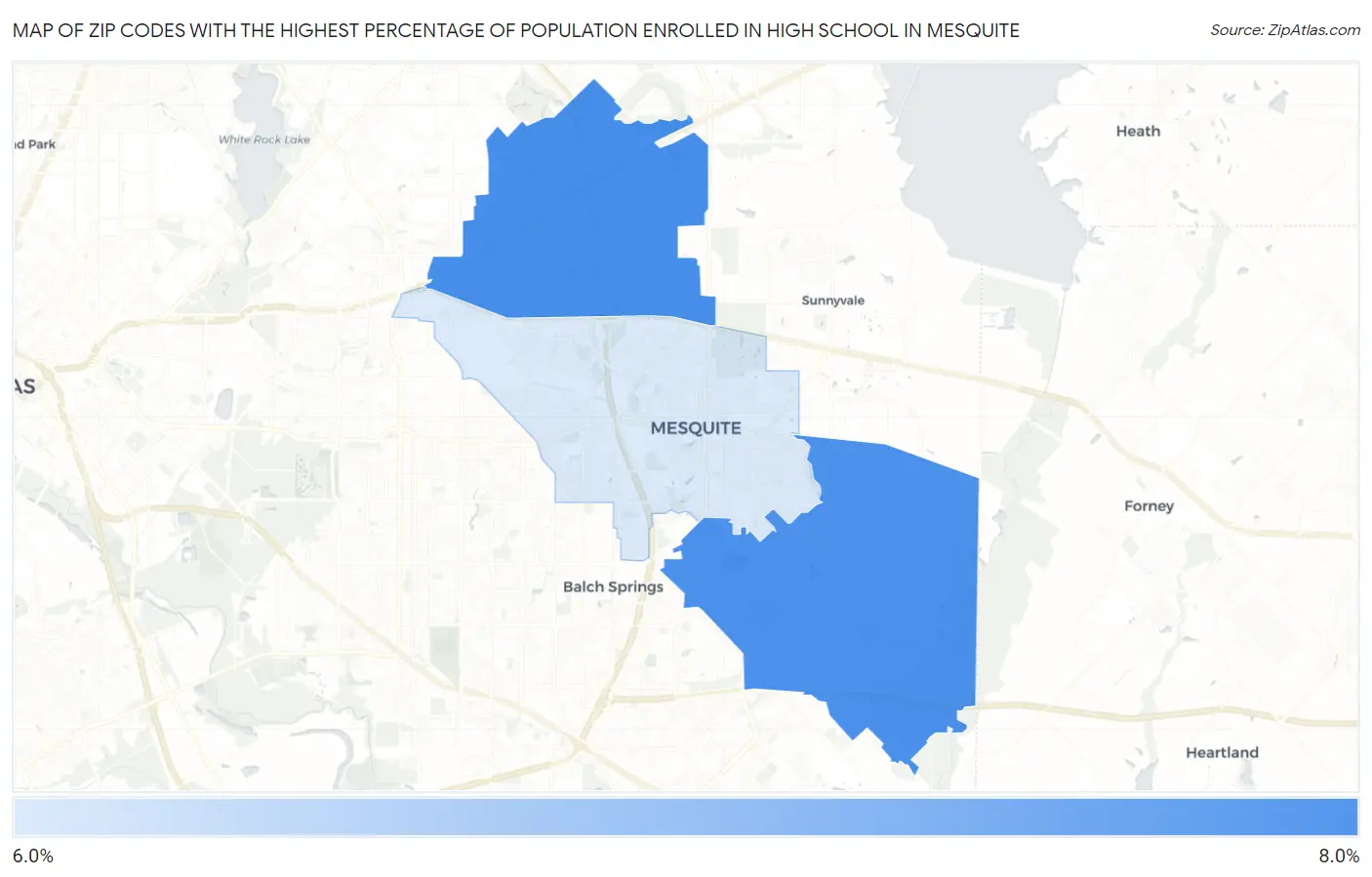 Zip Codes with the Highest Percentage of Population Enrolled in High School in Mesquite Map