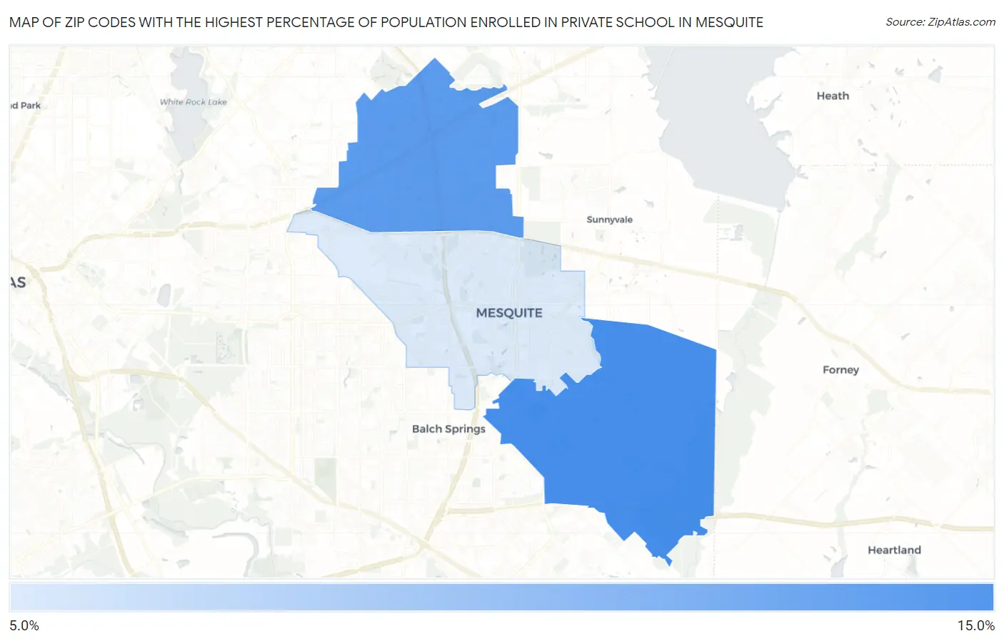 Zip Codes with the Highest Percentage of Population Enrolled in Private School in Mesquite Map