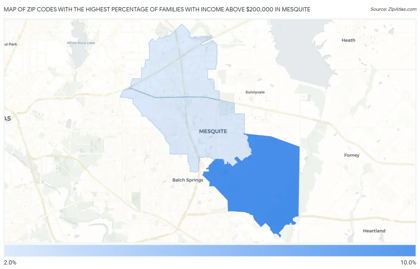 Zip Codes with the Highest Percentage of Families with Income Above $200,000 in Mesquite Map