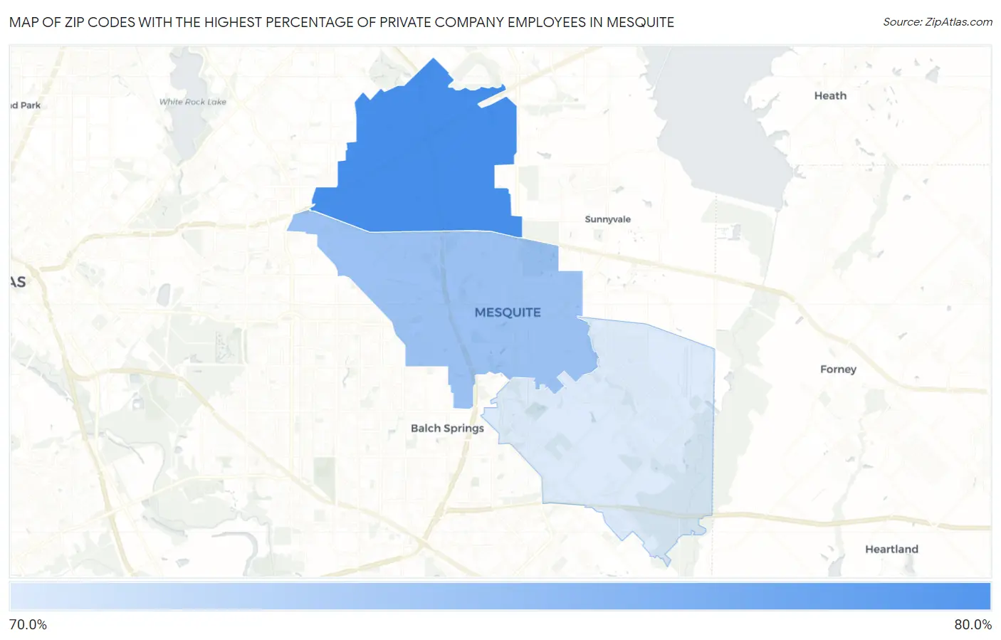 Zip Codes with the Highest Percentage of Private Company Employees in Mesquite Map