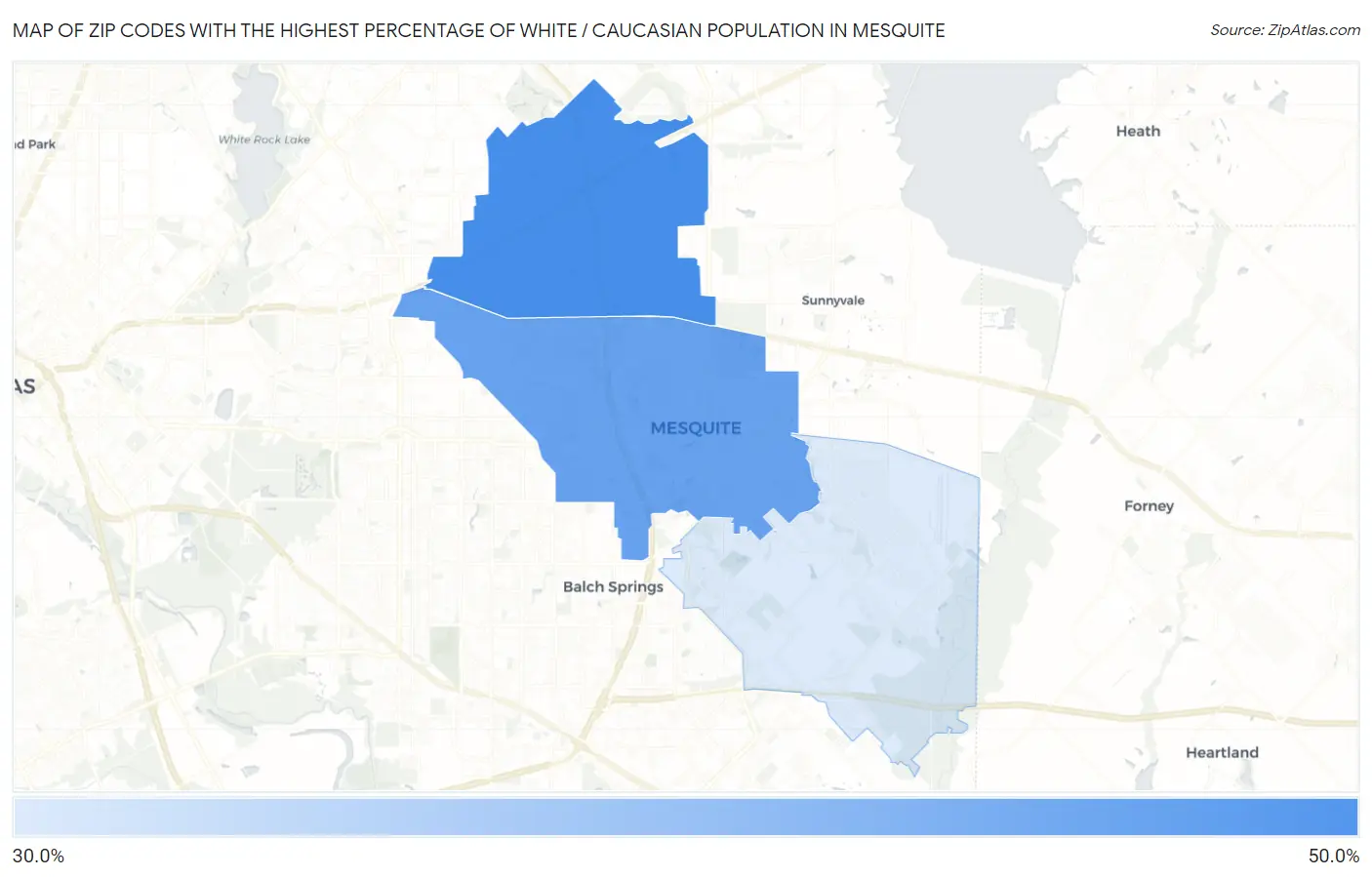 Zip Codes with the Highest Percentage of White / Caucasian Population in Mesquite Map