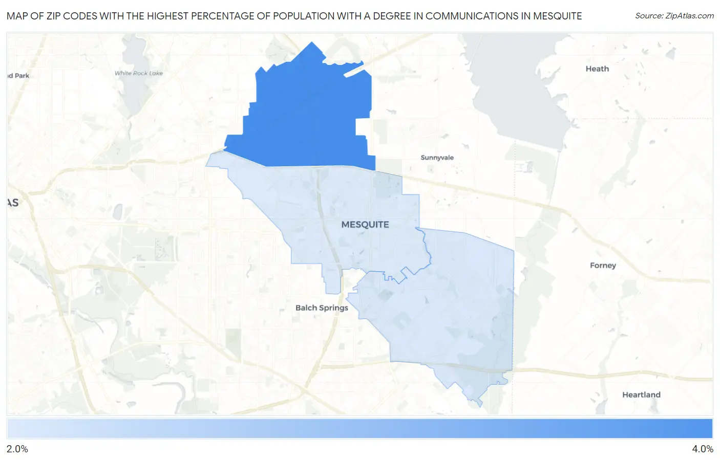 Zip Codes with the Highest Percentage of Population with a Degree in Communications in Mesquite Map