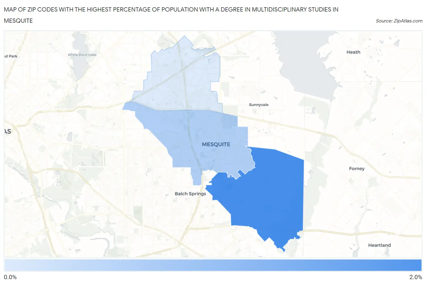 Zip Codes with the Highest Percentage of Population with a Degree in Multidisciplinary Studies in Mesquite Map