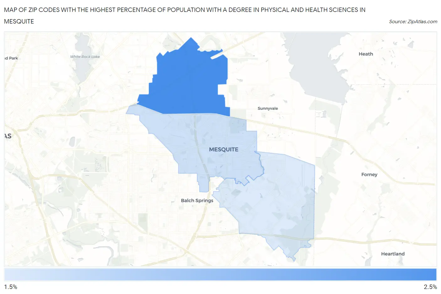 Zip Codes with the Highest Percentage of Population with a Degree in Physical and Health Sciences in Mesquite Map
